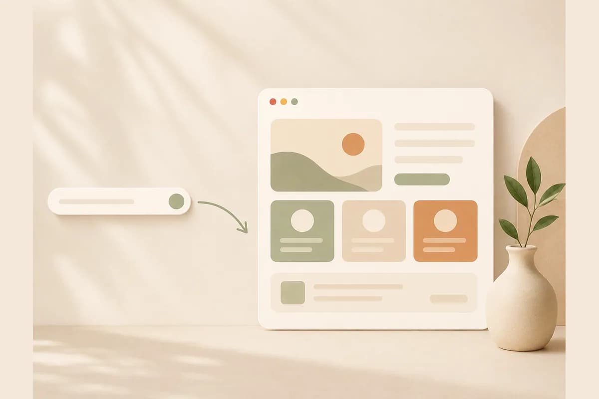 Satu bilah prompt berubah menjadi halaman website utuh, menggambarkan cara kerja AI design website.