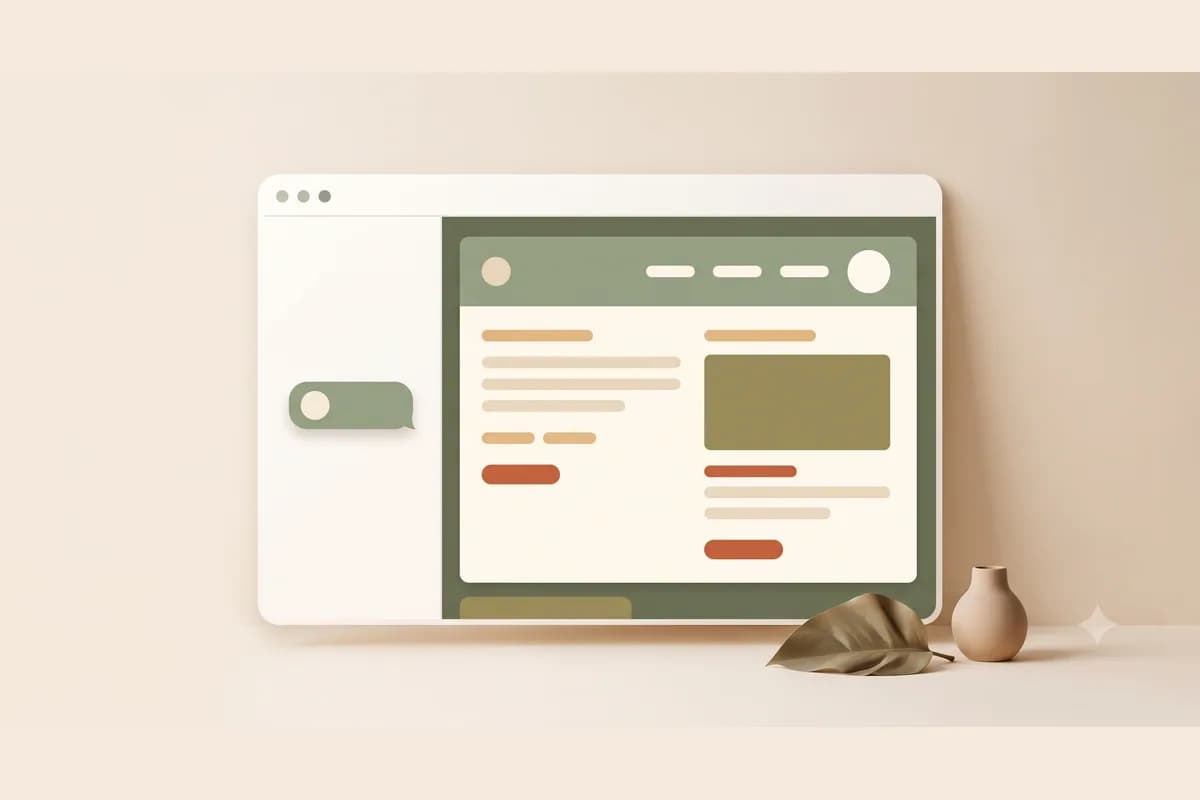 Jendela browser gelap dengan halaman website yang tersusun sendiri dari percikan partikel menyala yang keluar dari satu kolom prompt di bagian bawah, mewakili AI pembuat website yang membangun situs dari satu kalimat
