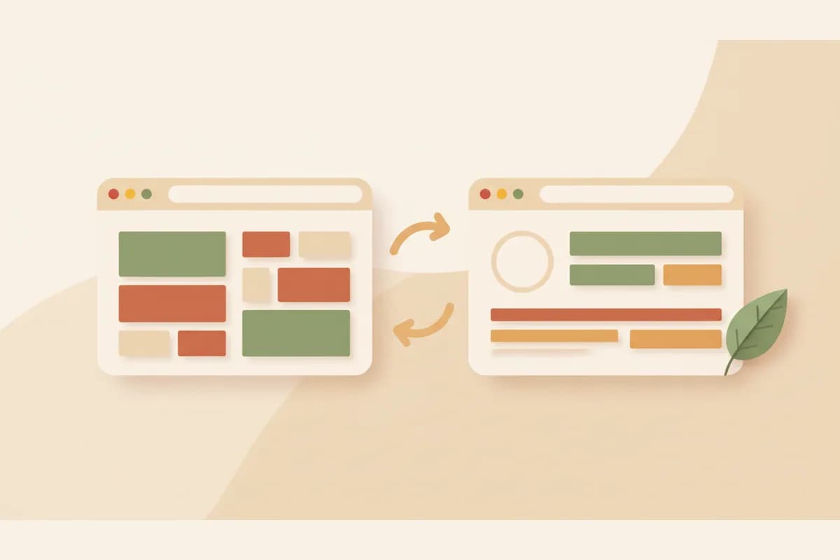 Two browser windows linked by a curved arrow, the left crowded and uneven and the right clean and aligned, showing an AI website redesign of an old site.