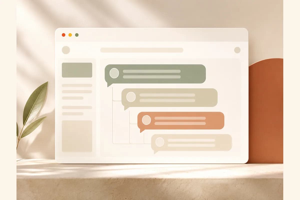 A browser window filled with nested speech bubble shapes indented like a comment thread, representing honest Reddit discussions about AI website builders.