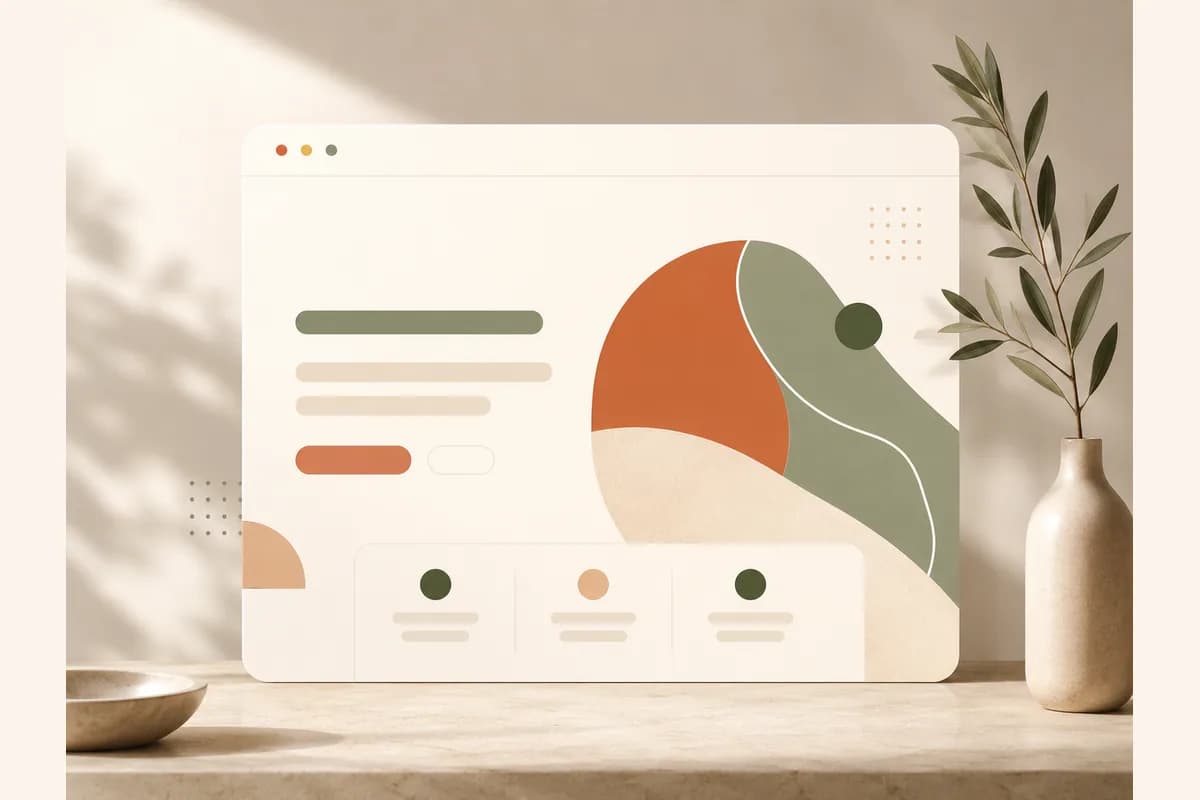 A browser window mockup shaped as an elegant single-page design with a large decorative hero and lots of open space.