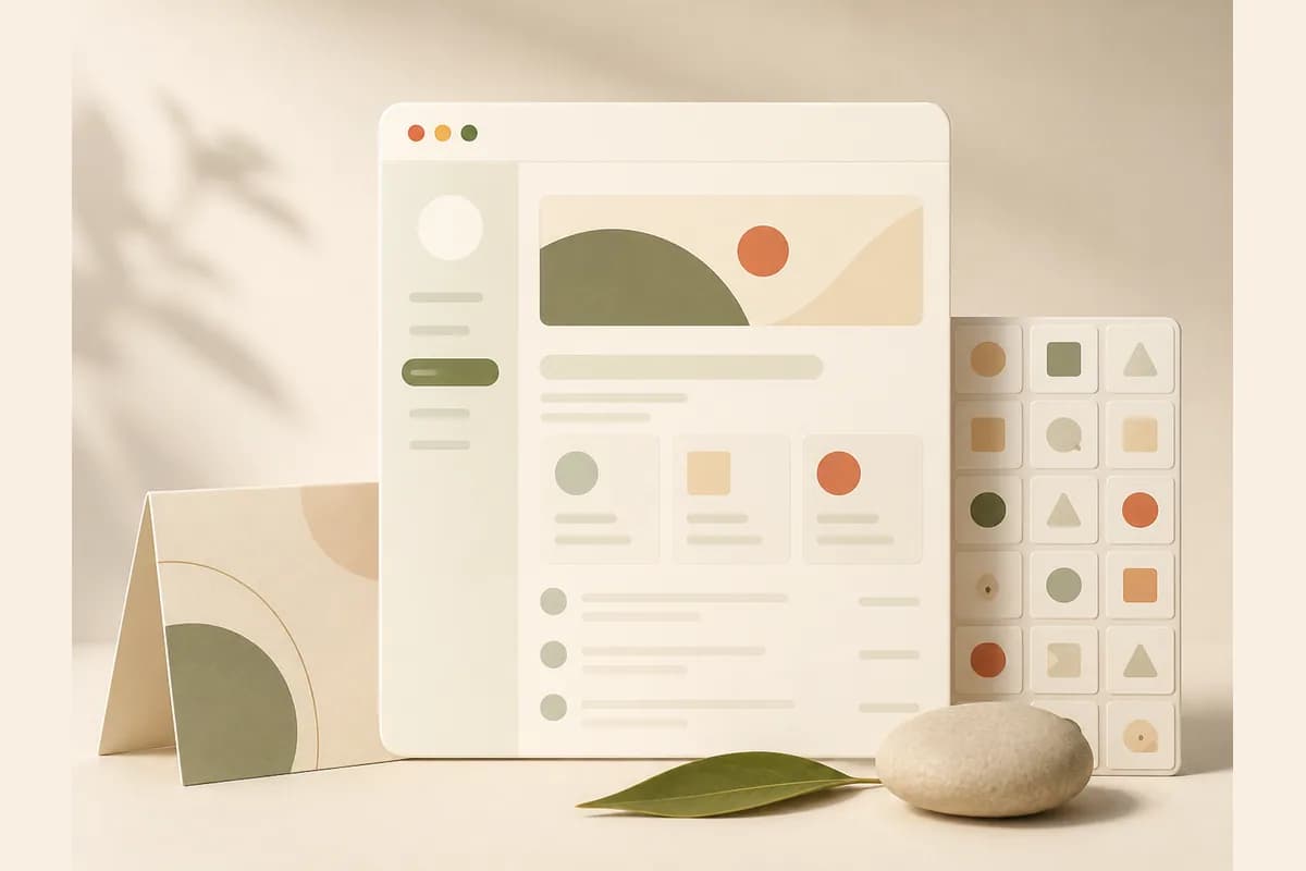 Mockup jendela browser yang menonjol di atas kartu kertas terlipat dan deretan kotak template seragam, menggambarkan undangan website buatan sendiri yang mengalahkan kertas dan aplikasi template.
