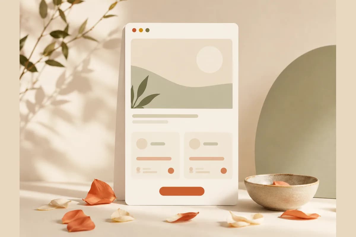 Mockup jendela browser tegak berisi banner besar, dua kartu detail acara, dan tombol bulat, menggambarkan undangan digital yang dibuat berbentuk website.