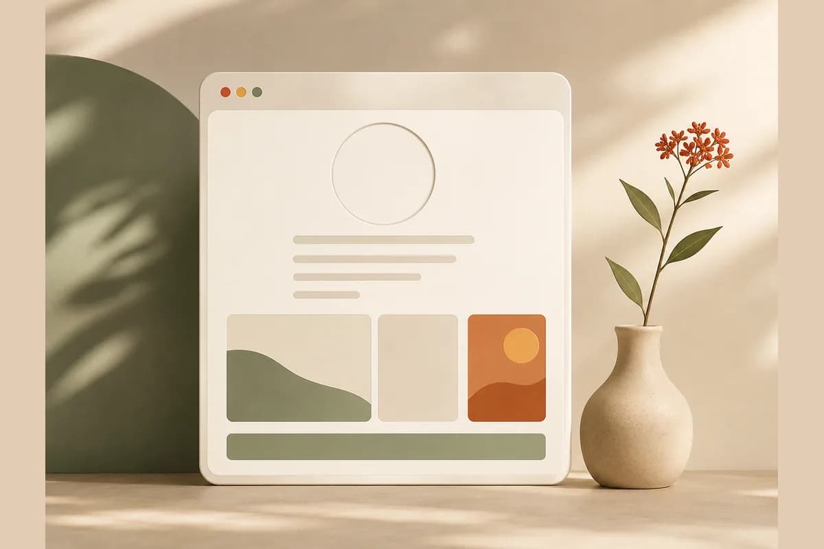 Jendela browser berisi kartu profil pribadi dengan lingkaran foto dan bar konten, menggambarkan website pribadi untuk personal branding.
