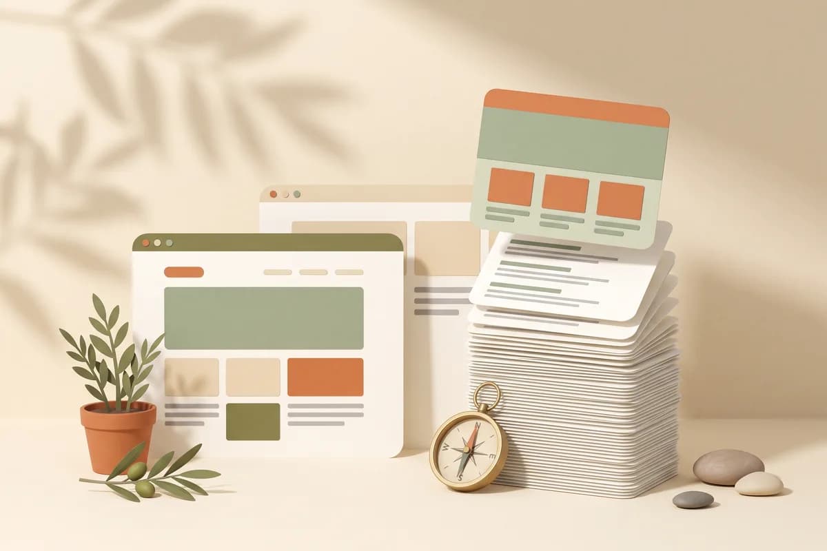 A tall stack of blank search result cards with one website card lifted to the top beside a browser window and a small brass compass, a site starting to appear in search results