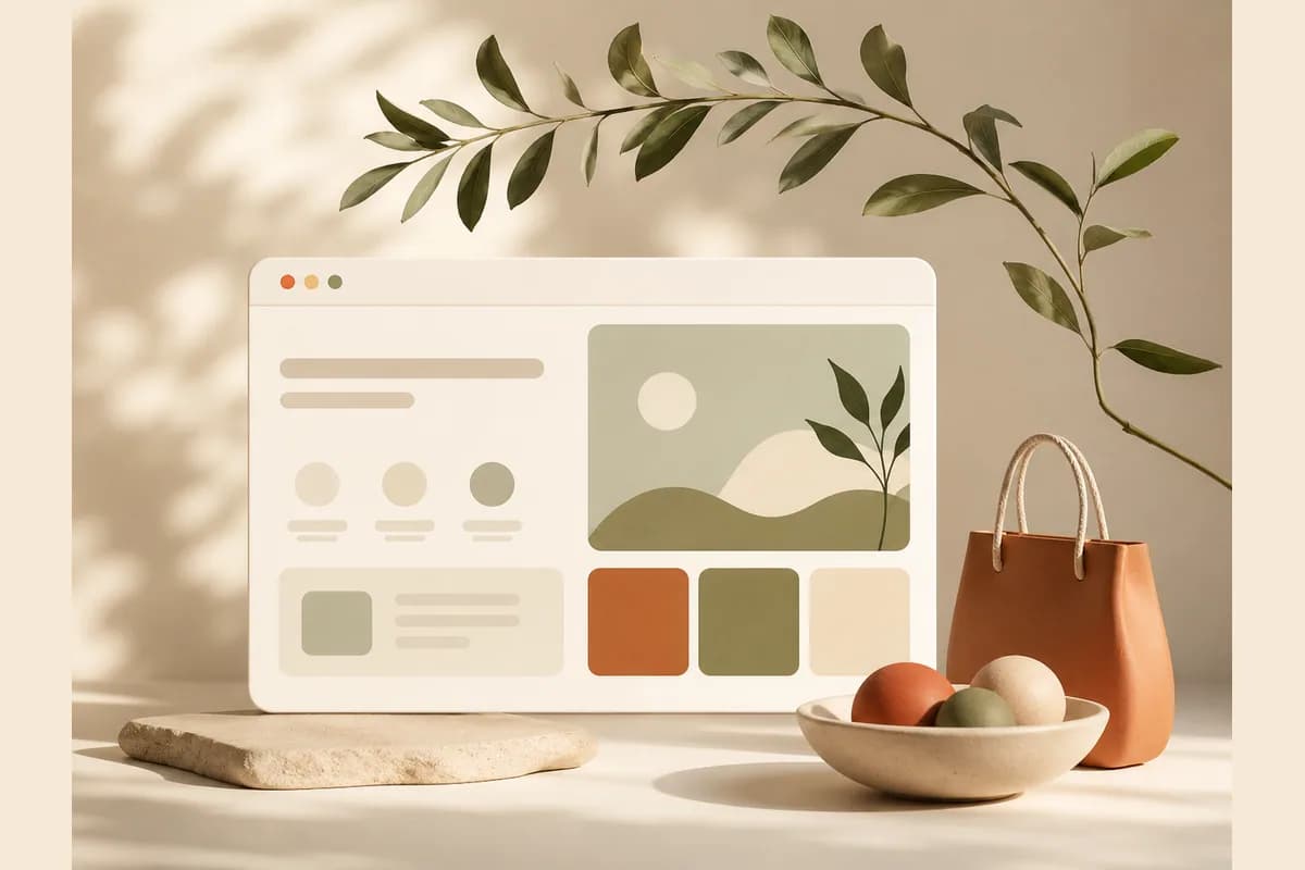 Mockup jendela browser di samping bentuk tas belanja dan mangkuk berisi bentuk bulat, mewakili contoh website UMKM yang benar-benar menjual.