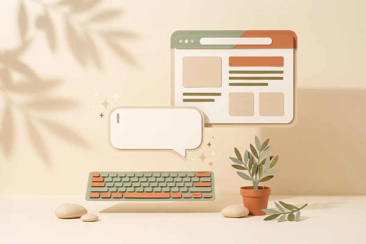 Gelembung prompt berkilau di atas keyboard di samping halaman browser yang bagian atasnya berganti warna dari sage ke terakota, tanda website diedit lewat perintah yang diketik