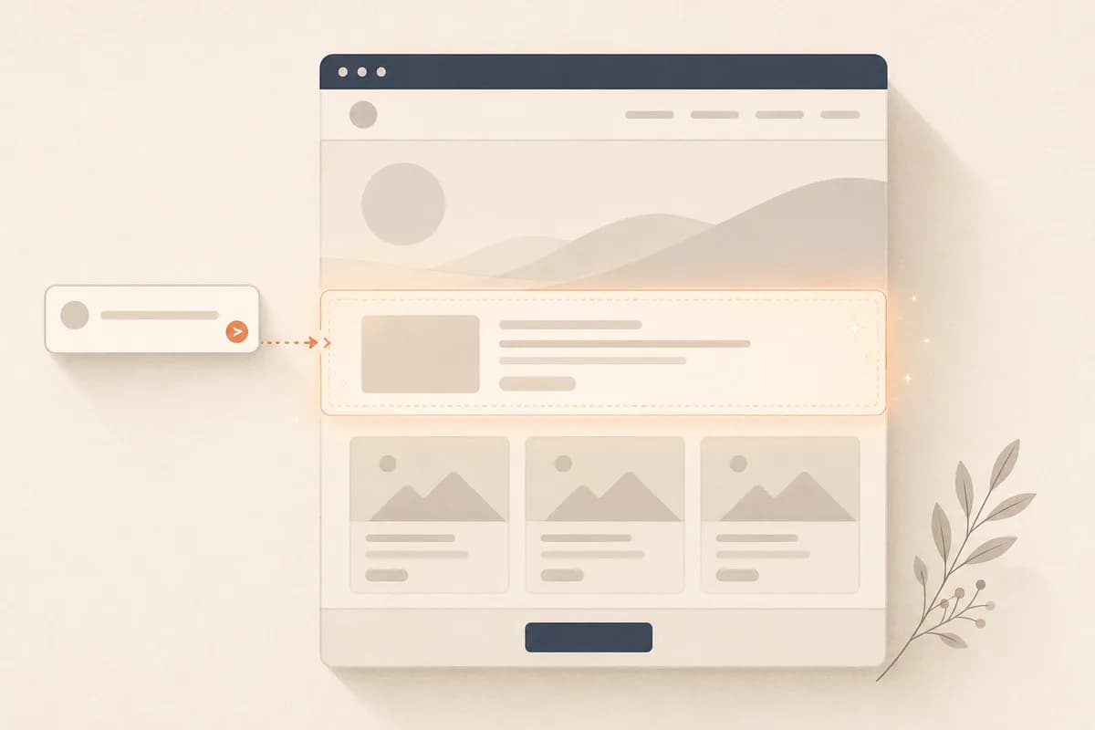 A typed instruction flows into one glowing section in the middle of a website that is being rebuilt, while the other sections stay intact