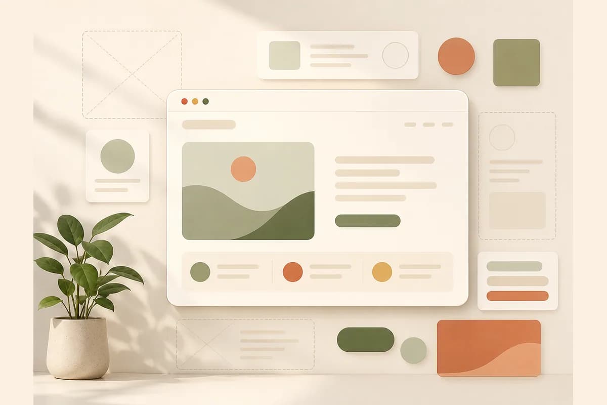 A browser window emerging from a spread of loose design frames and floating components, illustrating how Figma AI turns design canvases into a website.