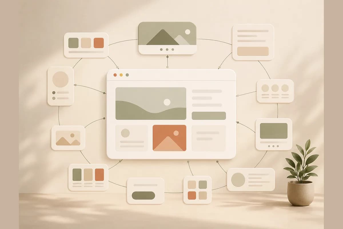 A browser window wired to a ring of orbiting module shapes, showing how the HubSpot landing page builder sits inside a large all in one suite.