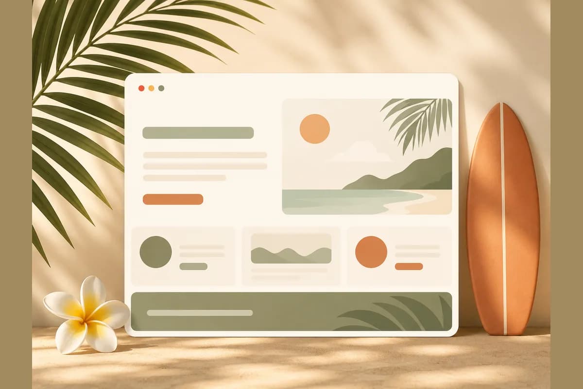 Halaman website bisnis bertema tropis Bali dalam mockup jendela browser, mewakili jasa pembuatan website Bali.