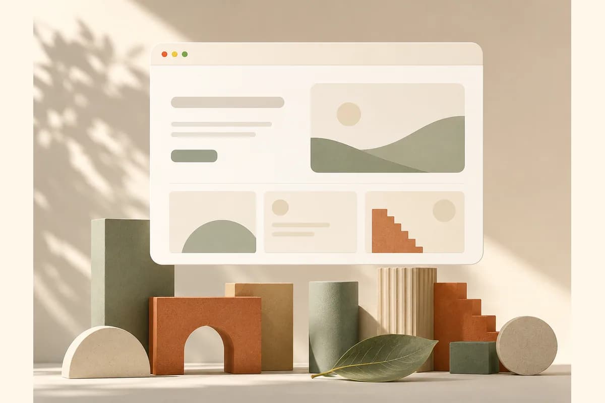 Mockup jendela browser melayang di atas kumpulan blok geometris menyerupai skyline kota, menggambarkan website untuk bisnis di Bandung.