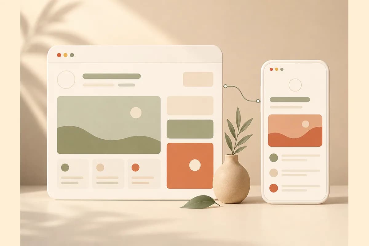 Mockup jendela browser bersanding dengan mockup layar ponsel yang terhubung, menggambarkan website dan aplikasi berdampingan.