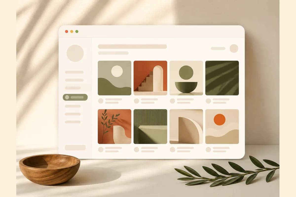 A paper browser gallery with product tiles, a wooden bowl, and a leafy branch.