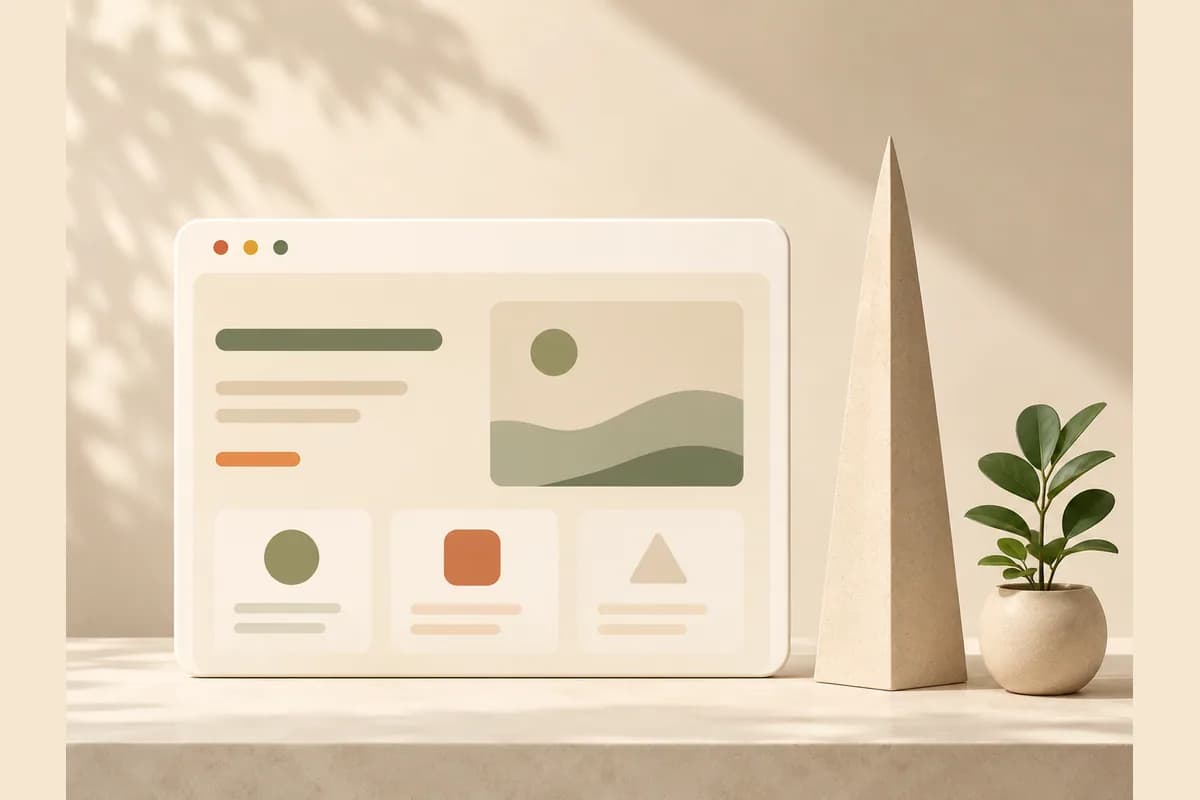 Illustration of a browser window with a website layout next to an abstract obelisk shape and a potted plant.