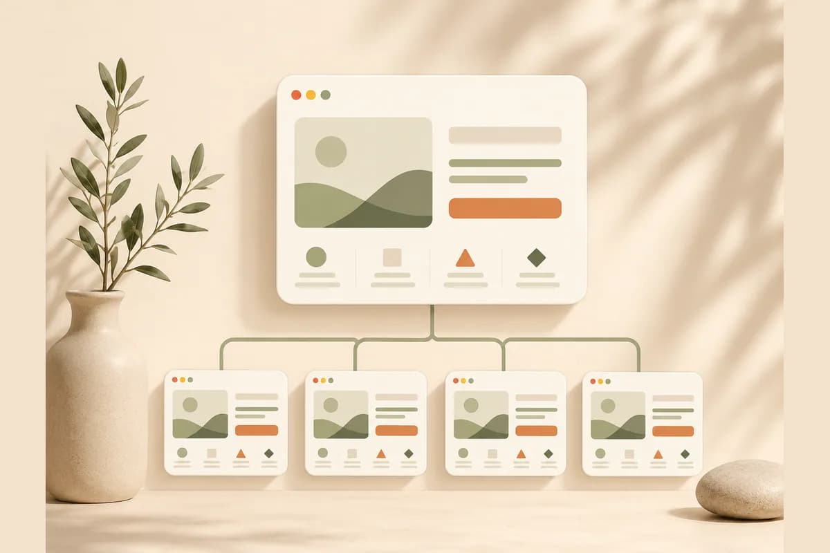 Mockup jendela browser induk yang bercabang menjadi banyak salinan jendela identik lebih kecil, menggambarkan situs korporat dan situs replika member MLM.