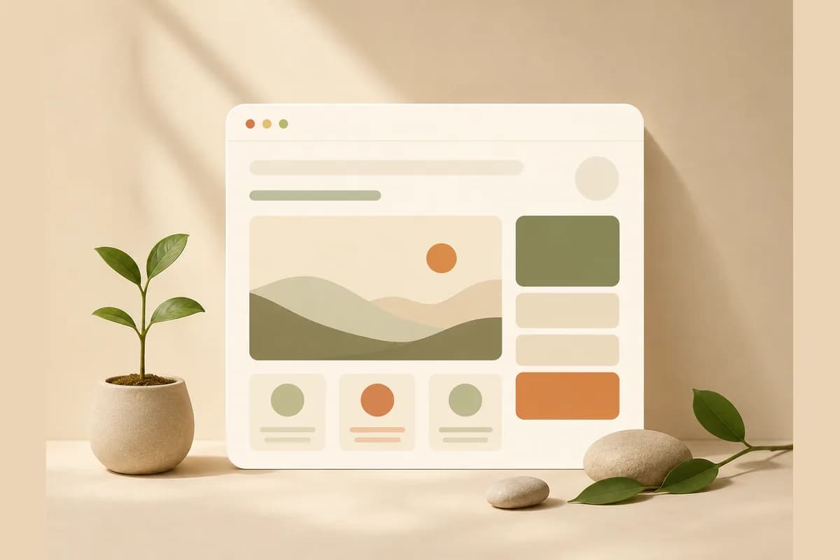 Mockup jendela browser di samping pot tunas kecil, menggambarkan bisnis Purwokerto yang mulai tumbuh lewat website sendiri.