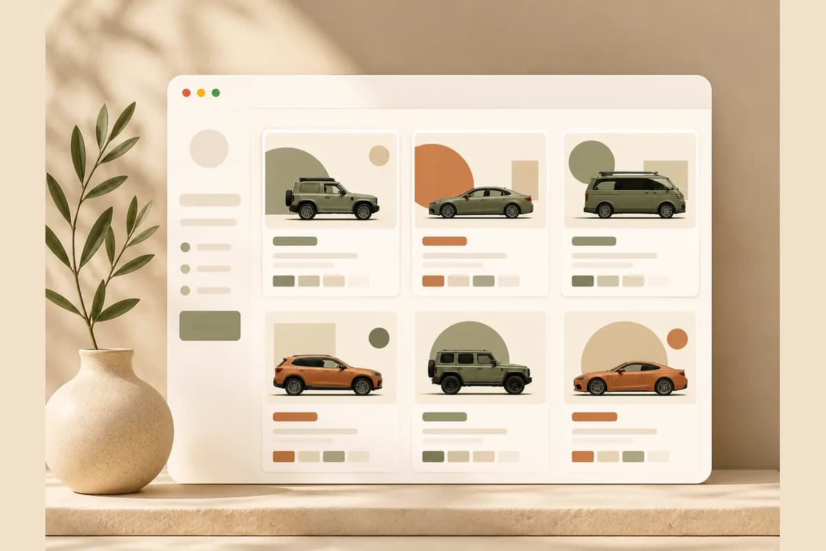 Mockup jendela browser menampilkan katalog armada rental mobil berupa grid kartu kendaraan dengan siluet mobil dan harga sewa.