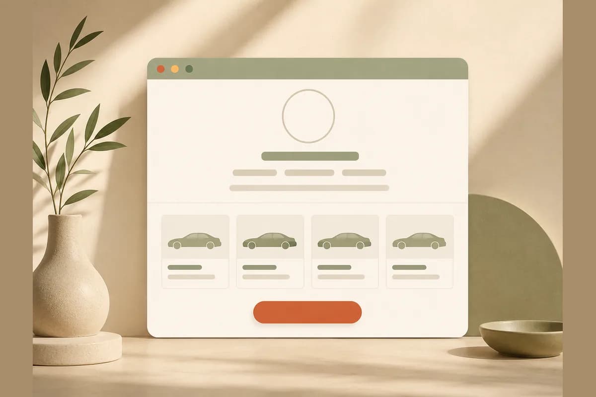 Mockup jendela browser berupa halaman profil sales mobil personal dengan foto, kredensial, daftar unit, dan tombol kontak.