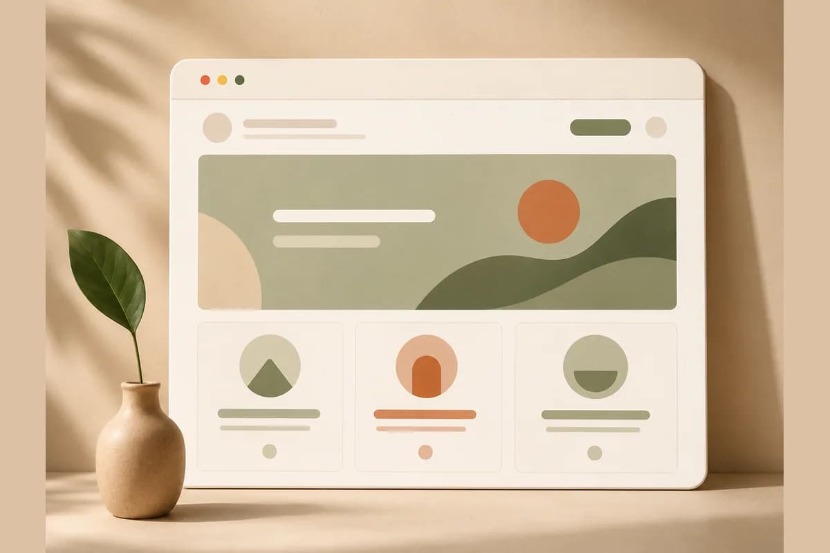 Illustrated browser window with a wide banner and 3 service cards beside a small vase.