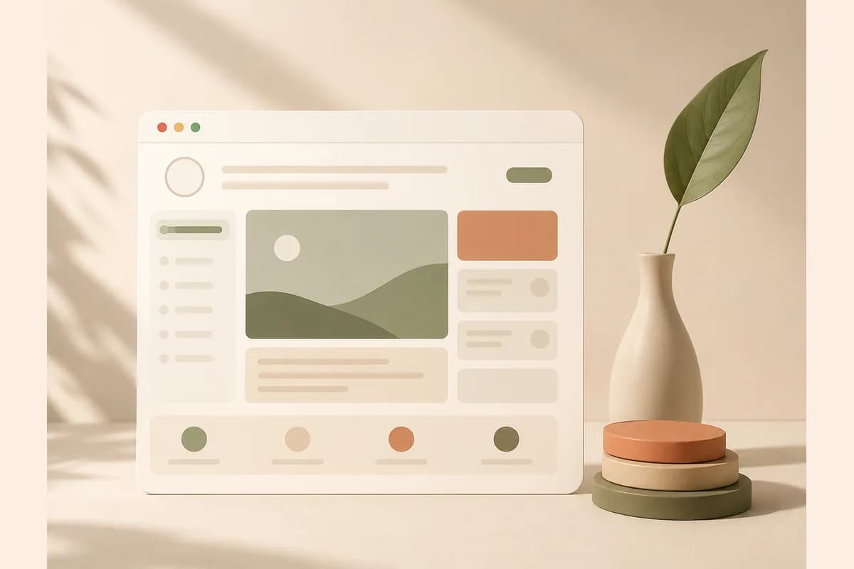 Mockup jendela browser di samping tumpukan cakram bulat dan setangkai daun, menggambarkan layanan pembuatan website Sidoarjo beserta kisaran harganya.