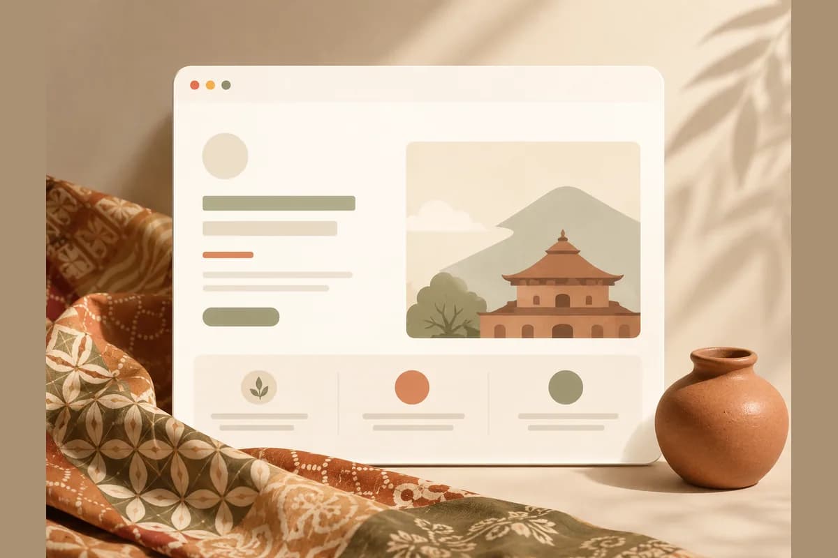 Halaman website bisnis bernuansa heritage dalam mockup jendela browser dengan motif kain batik, mewakili jasa pembuatan website Solo.
