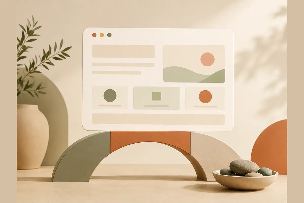 Mockup jendela browser di atas bentuk jembatan lengkung geometris, menggambarkan jasa pembuatan website untuk bisnis di Surabaya.