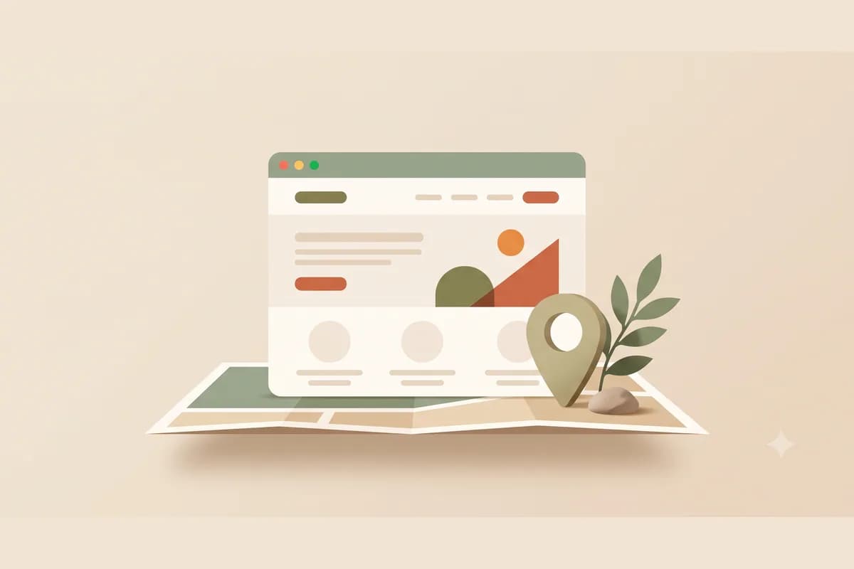 Jendela browser berisi website bisnis di atas peta lipat dengan pin lokasi dan sehelai tanaman, ilustrasi website untuk usaha lokal