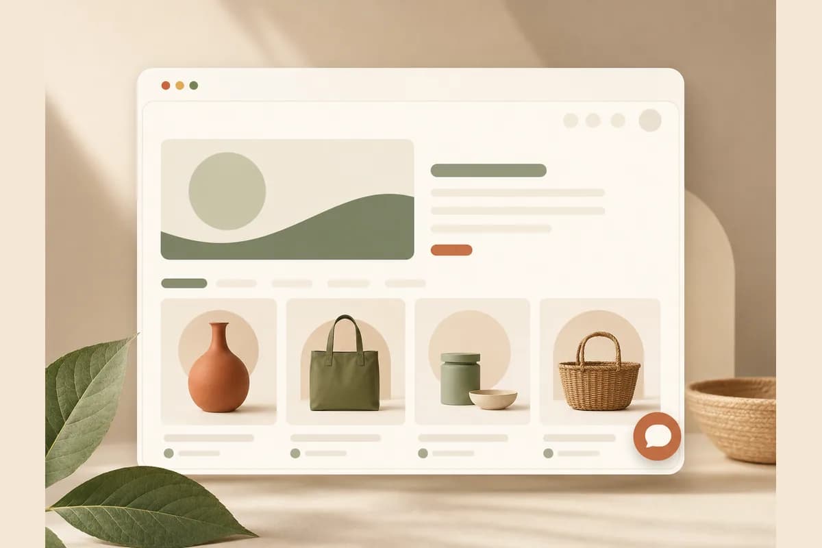 Mockup jendela browser dengan tata letak toko dan tombol gelembung chat, menggambarkan website toko online dengan order via WhatsApp.