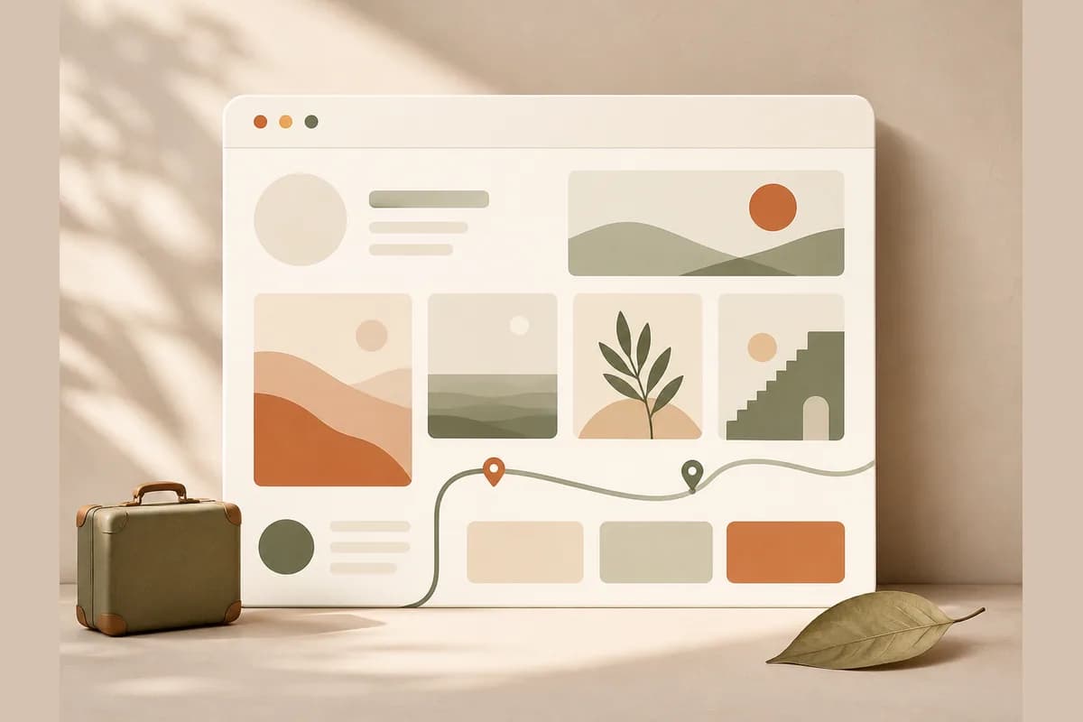 Ilustrasi jendela browser berisi galeri foto dan garis rute, menggambarkan website travel dan tour.