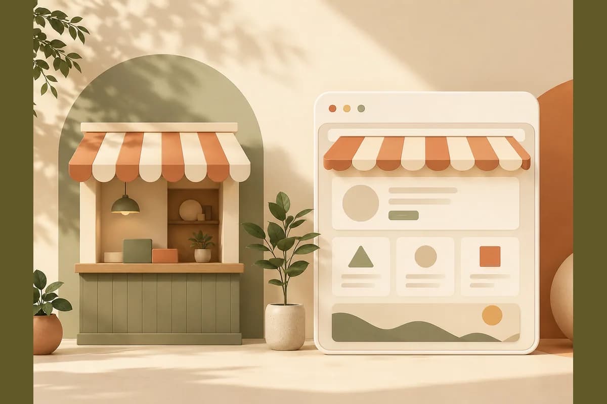 A small business storefront beside a matching website mockup, illustrating website services for small businesses.
