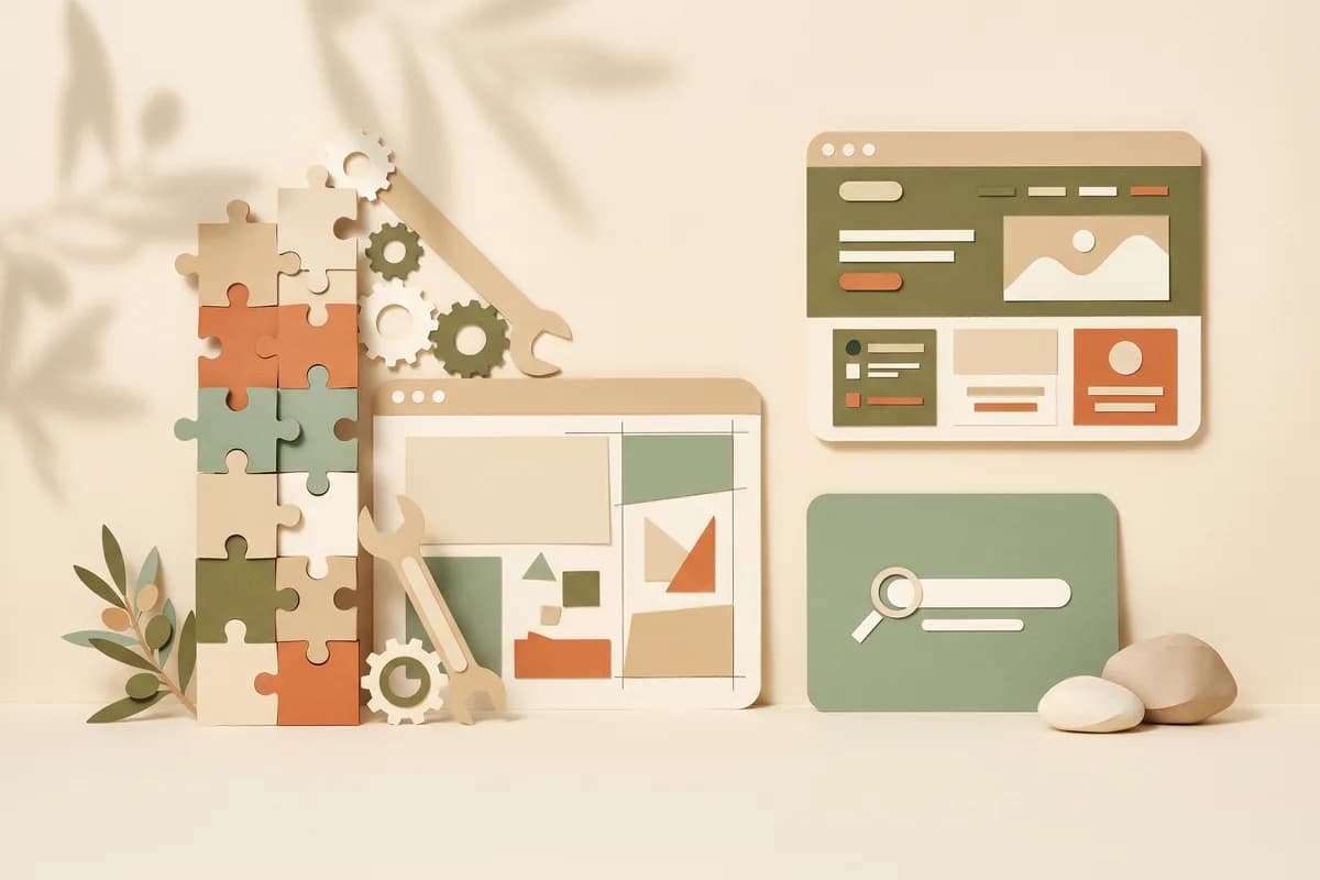 A tall stack of puzzle pieces, gears and a wrench beside a half-built website on the left, and a finished website with a simple search card on the right