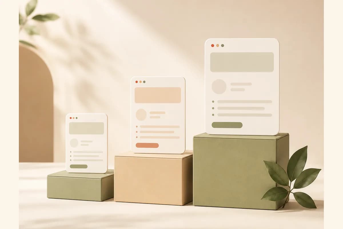 Tiga kotak paket bertingkat makin besar, masing-masing dimahkotai kartu browser kecil, menggambarkan paket layanan website bisnis dari sederhana sampai custom.