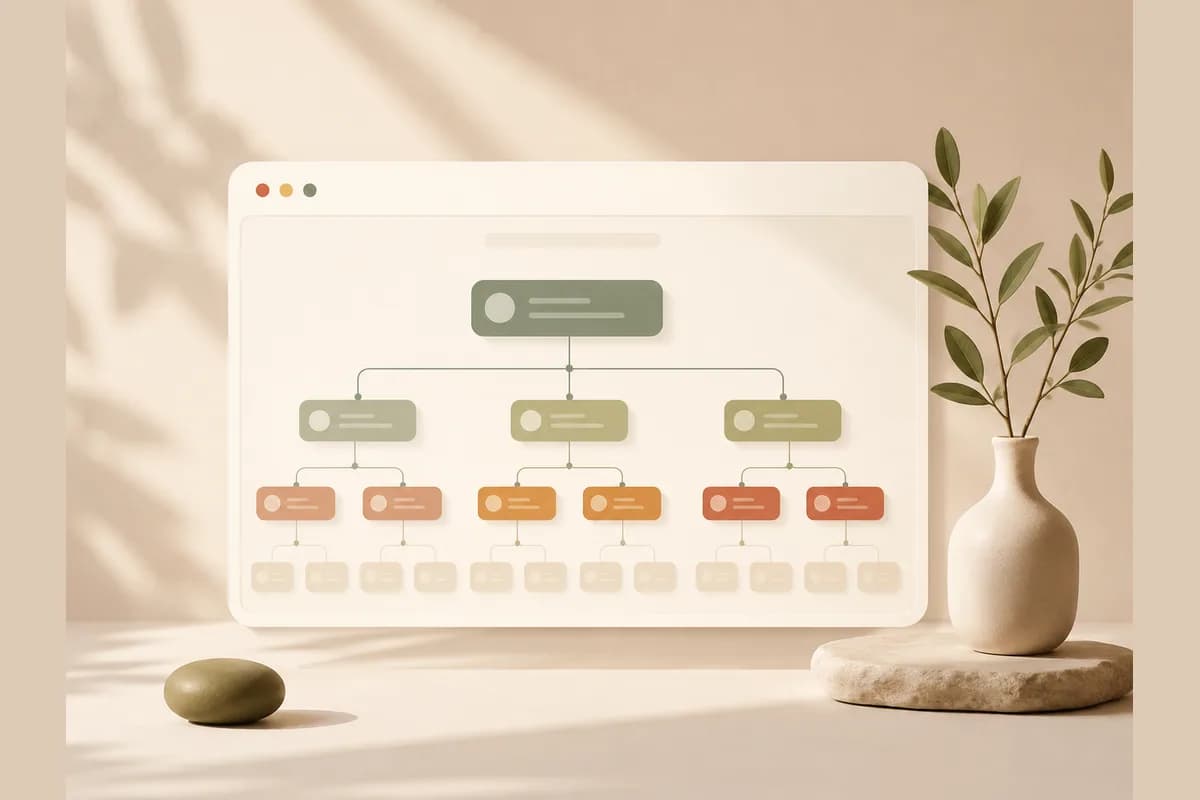 A branching sitemap tree of connected nodes inside a browser window, representing how Relume generates a sitemap and wireframes from a prompt.