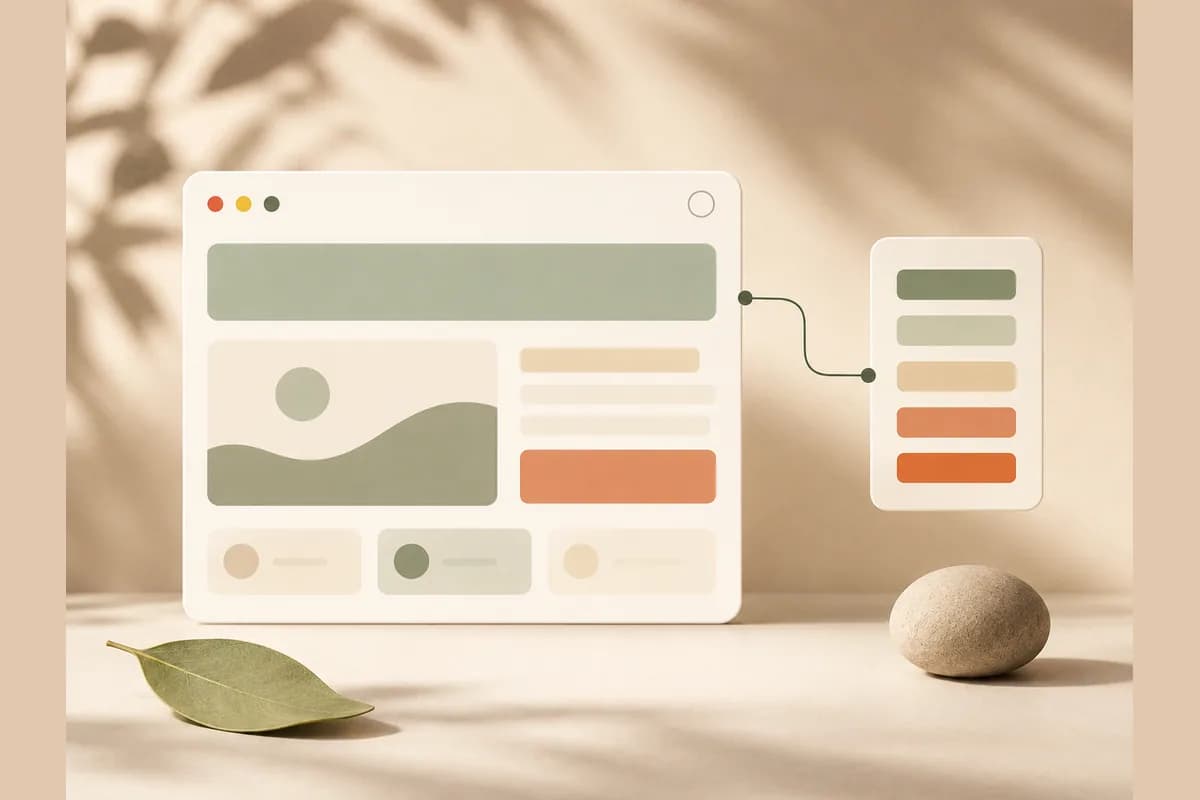 A browser window mockup linked to a panel of stacked bars, representing Replit building a site from developer-style building blocks.