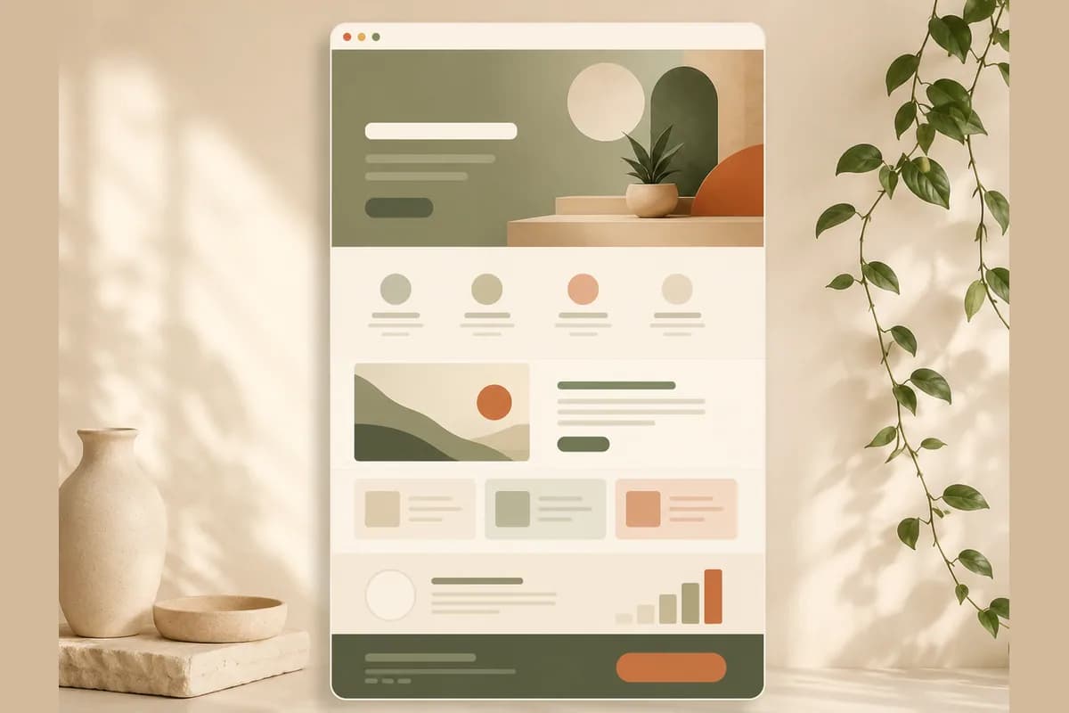 A tall browser mockup with a hero, feature rows, content panels, and an orange button at the bottom.