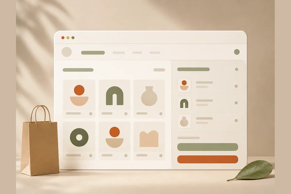 A browser window mockup arranged as an online store with a product grid flowing into a cart and checkout panel.