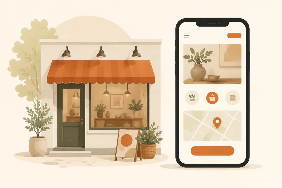 A small business website showing a menu, a contact button and a location pin