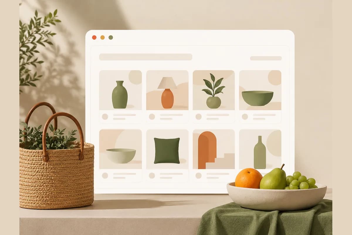 A browser window showing a grid of product cards with a shopping basket nearby, representing the Square website builder as a commerce store.
