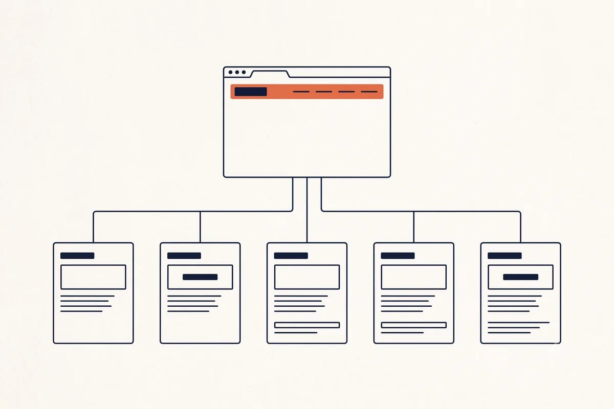 Diagram struktur halaman website: satu jendela browser di atas terhubung ke lima kartu halaman di bawahnya