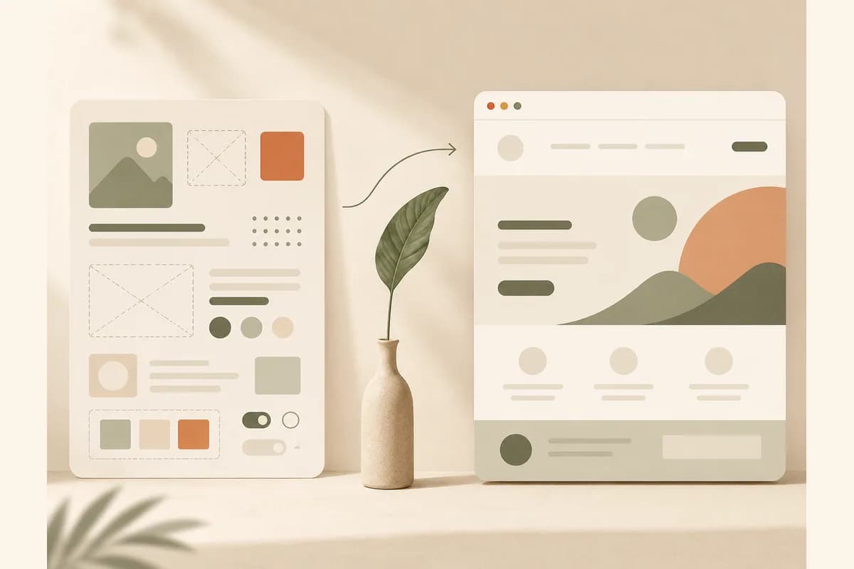 A loose artboard of shapes flowing into a clean browser window mockup, representing TeleportHQ turning a visual design into a finished page.