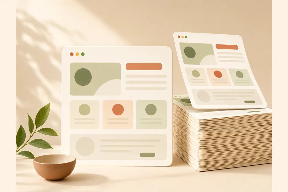 Satu template diangkat dari tumpukan template serupa di dekat mockup jendela browser, mewakili template website gratis.
