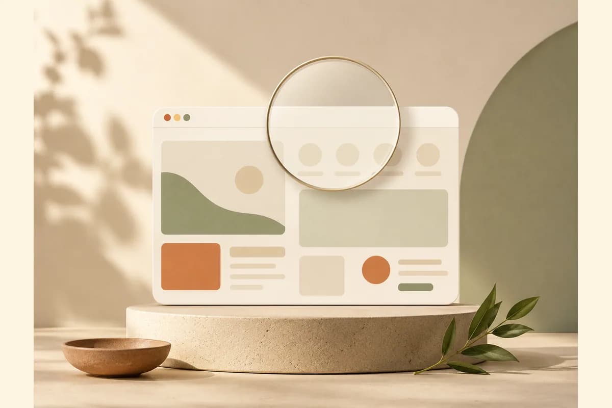 A browser window mockup on a pedestal with a large magnifier lens hovering above, illustrating an honest review of the Unbounce landing page builder.