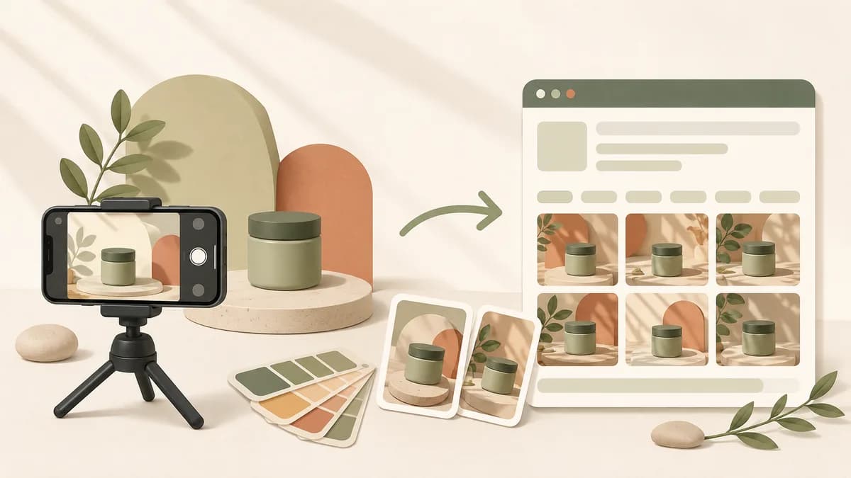 Halaman website bisnis kecil dengan foto produk yang terang dan konsisten, ditemani panel kecil berisi ukuran file dan alt text.