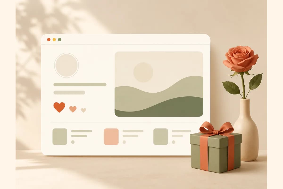 Mockup jendela browser menampilkan halaman personal dengan placeholder foto besar dan bentuk hati, di samping kotak kado dan setangkai mawar.