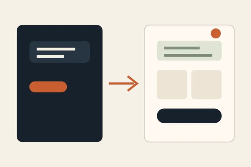 A dark prompt panel transforming into a complete warm-paper business website, illustrating a beginner-friendly website builder with AI