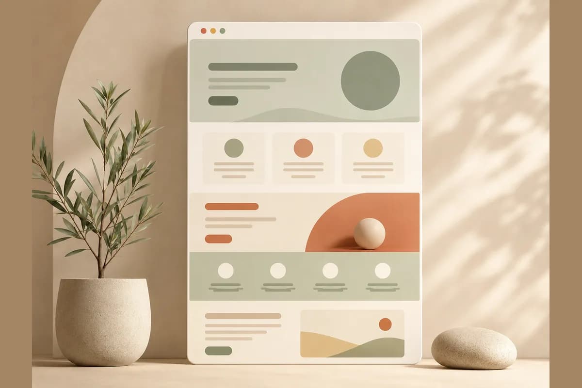 Mockup jendela browser tinggi dengan halaman yang terbagi menjadi beberapa bagian bertumpuk, menggambarkan struktur halaman wajib sebuah website perusahaan.