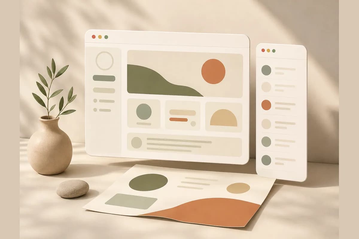 Mockup jendela browser yang menonjol di atas lembar kertas terlipat dan panel feed vertikal, menggambarkan website portofolio gratis yang mengalahkan sekadar PDF atau feed media sosial.