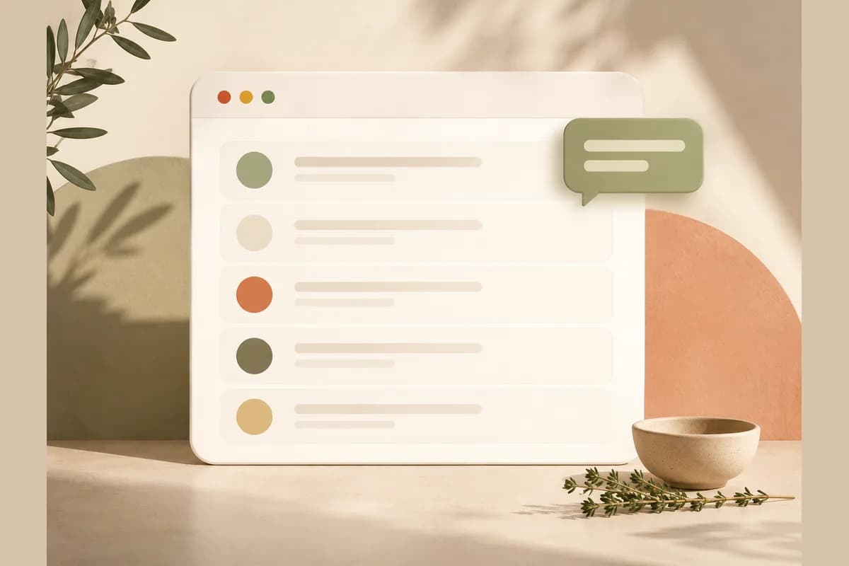 Mockup jendela browser berisi daftar menu dengan bentuk piring kecil di tiap baris dan gelembung chat di sudutnya, menggambarkan website UMKM makanan dengan menu online dan order WhatsApp.