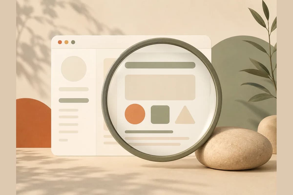 A browser window mockup examined through a magnifying lens, representing an honest review of the WebWave AI website builder.